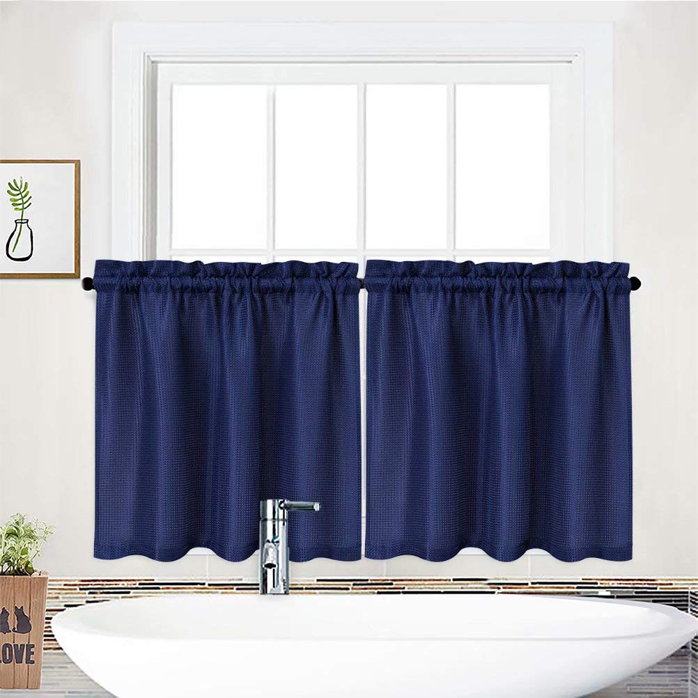 (Tiers 90cm L, Navy Blue) - NANAN Kitchen Cafe Curtains,Waffle Weave Textured Tailored Short Curtains for Bathroom Water Repellent Window Covering Tier Curtains - 80cm x 90cm , Navy Blue, Set of 2 โ image 1