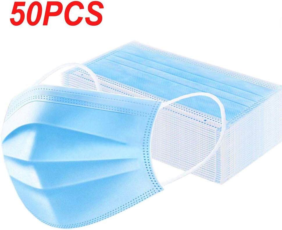 QinS 50 Pcs Disposable Face Mǎsks, Antǐvǐrǎl Face Guǎrd, 3-Layer Medical Safety Mouth Mǎsks with Elastic Earloop, Facial Protective Cover for Kids and Adults Health Protection, Blue-B