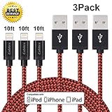 Lightning Cable, Cablex iPhone Charger 3Pack 10FT Ultra Long Nylon Braided USB Cable Cord Compatible with iPhone7 7Plus 6s 6sPlus 6 6Plus 5 5s 5c SE iPad iPod & More (Redblack)
