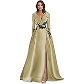 Winaiwi Long Sleeve Satin Mother of The Bride Dress Appliques V Neck Formal Prom Party Evening Dress with Pockets