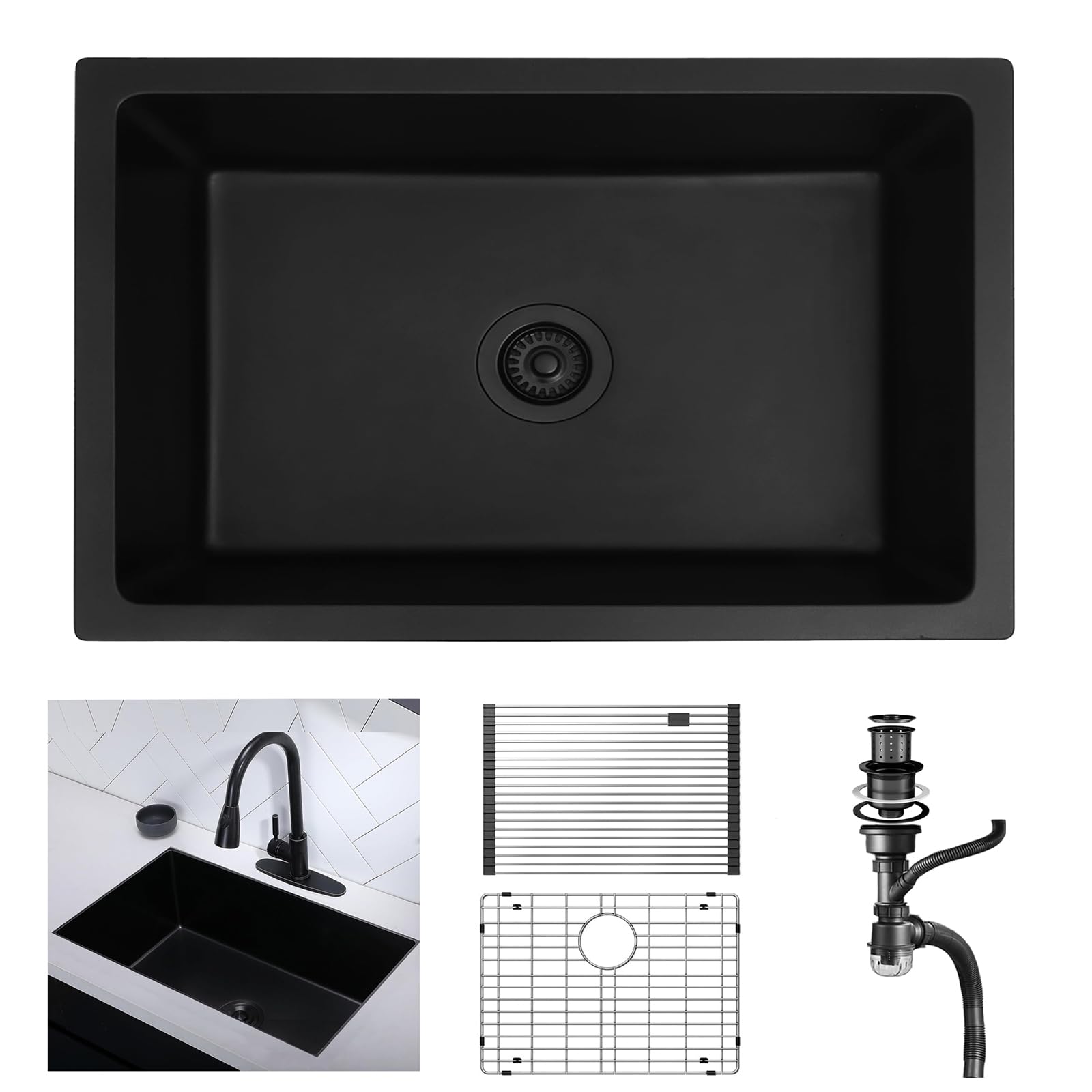 Photo 1 of Muiceon Undermount Kitchen Sink, 30" Black-Grey Single Bowl Kitchen Sink,16 Gauge Stainless Steel Nano Black Sink with Accessories for Workstation, Prep Kitchen, Bar Sink of Countertop/Drop-in 30"x19"