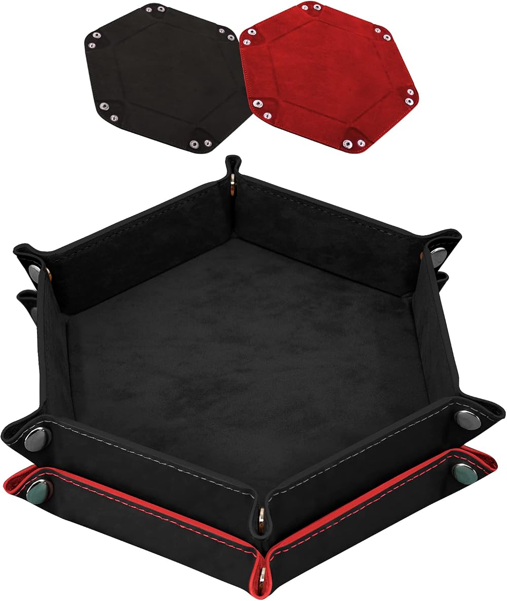 SIQUK 2 Pieces Dice Trays Hexagon Folding PU Leather Velvet Holder Black Red