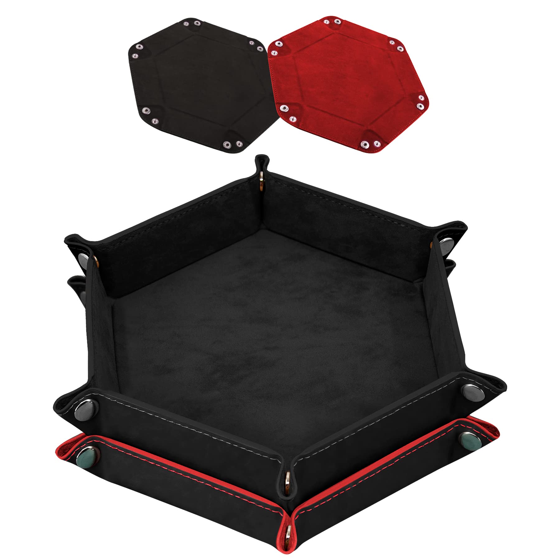 SIQUK 2 Pieces Dice Trays Hexagonal Dice Folding Tray PU Leather Velvet Holder for Table Games RPG DND (Black and Red) — image 1