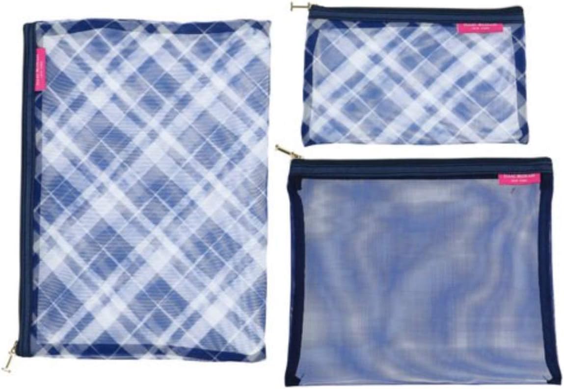 Isaac Mizrahi Travel Cosmetics Mesh Zippered Pouch Organizers 3 Piece Set White Stripes/Navy