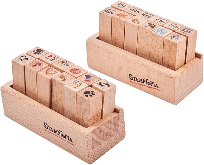 WANDIC Mini timbri in Legno, in Gomma, 24 Pezzi, 2 Diversi timbri a