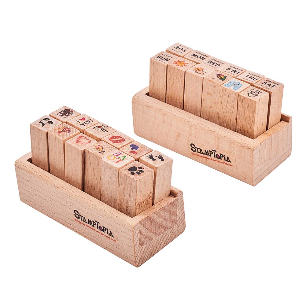 WANDIC Mini Wood Rubber Stamp, 24 Pcs 2 Different Themed Stamps with Wooden Box for DIY Crafting, Card Making and Scrapbooking