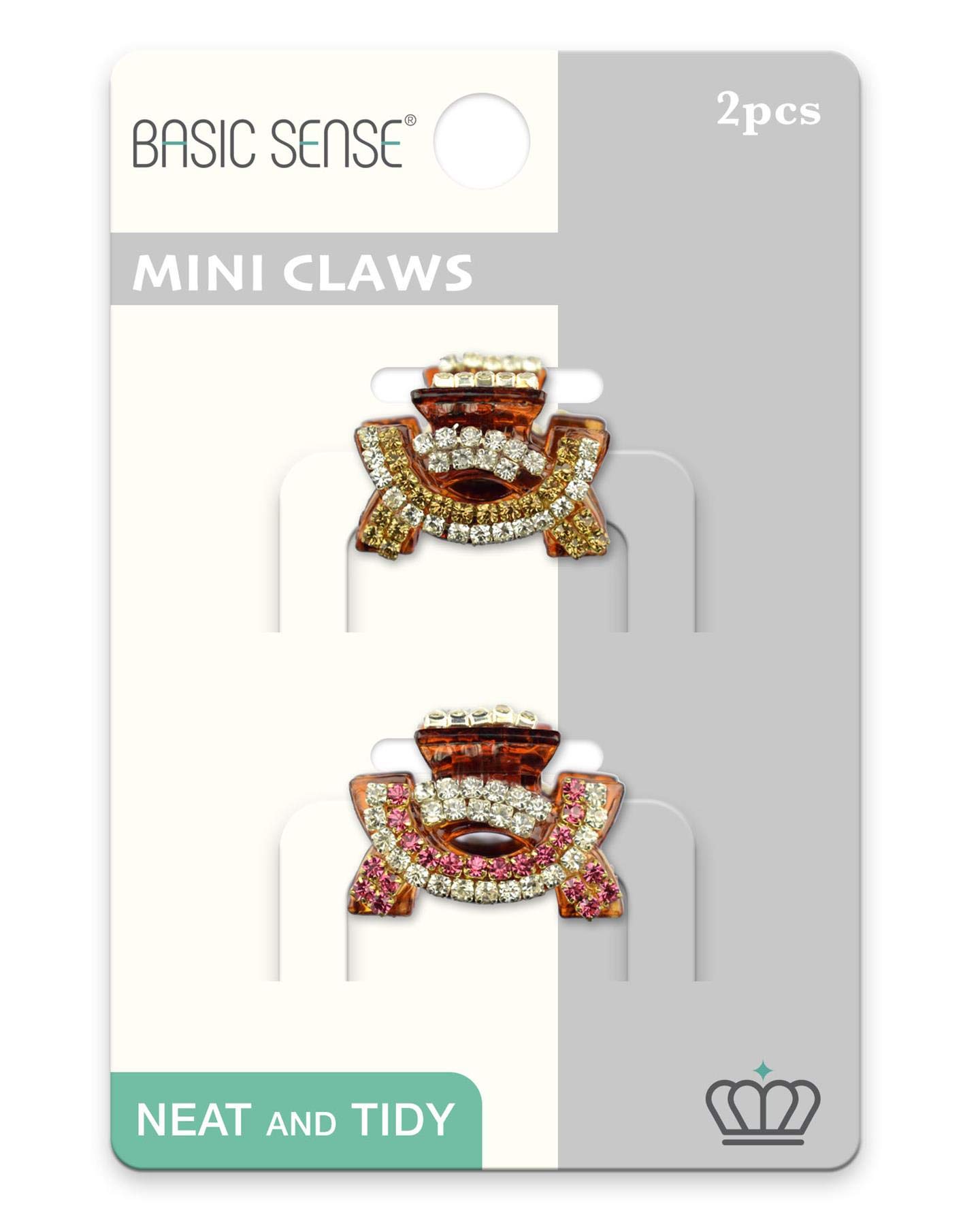 2 Pieces Shiny Mini Diamante Crystal Double Arch 1.18inch -3cm Hair Claw Clips Clamp, Gold & Pink