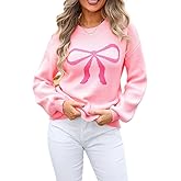 Sumleno Womens Fall Winter Casual Sweater Cute Bow Crewneck Long Sleeve Baggy Knit Sweatshirt Top Trendy Aesthetic Clothes
