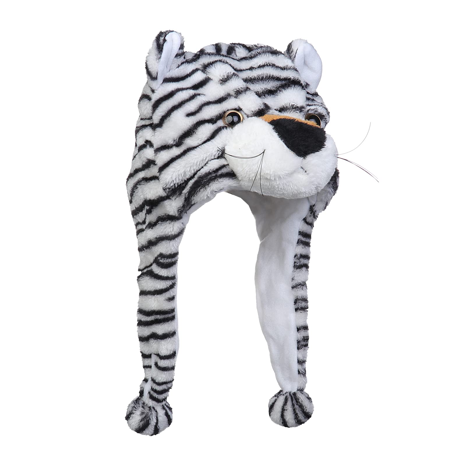 JK Home Funny Plush Animal Hat, Headwear Cartoon Hats, Soft Warm Novelty Stuffed Ear Flaps Scarf Cap, Cosplay Costume Headgear, Headband Photo Props, Unisex Children Adults White Tiger