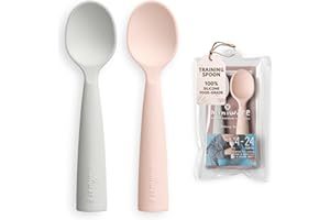 Miniware Silicone Baby Spoon for Training - BPA Free Baby Utensils - Baby Spoons Self Feeding 6 Months | 100% Food Grade Silicone - Modern & Dishwasher Safe Toddler Spoons (Grey and Peach)