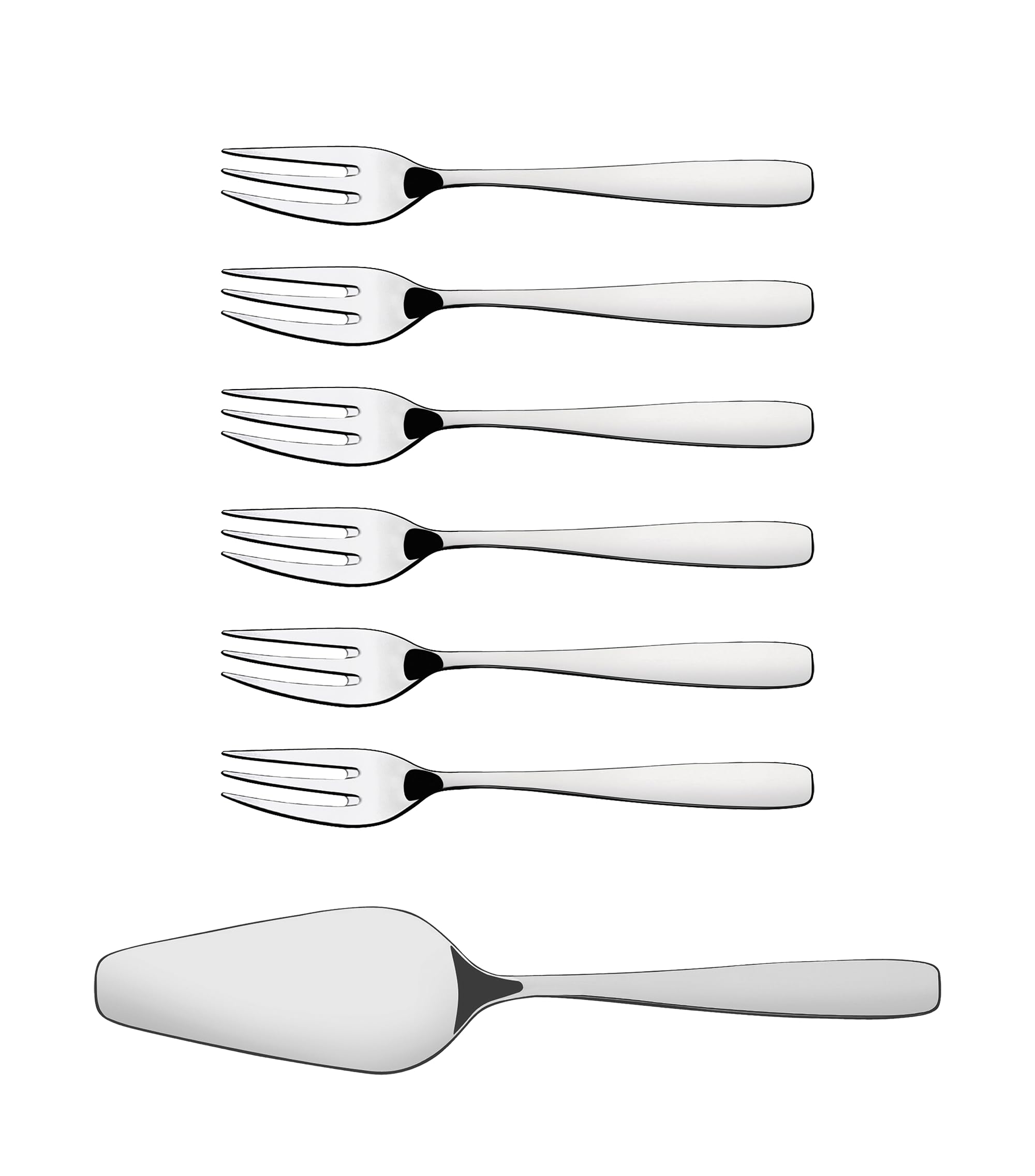 Tramontina Set of 6 Stainless Steel Cake Dessert Forks (14.5cm) and 1 Cake Server | Dishwasher-Safe | Pastry Forks | Mirrored Finish