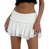 Fhykiss Women's Flowy Ruffle Tiered Layered Skirt Ruched Mesh Sheer Flared Y2K Mini Skirts with Shorts Underneath