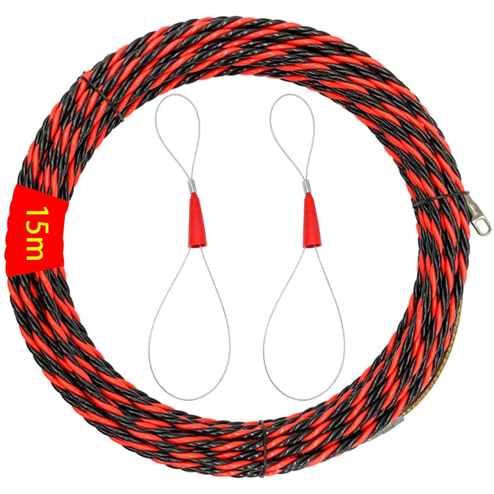 GYSRXS 15 m Cable Retraction Aid, Polyester Retractable Wire with 2 Guide Springs, Ideal Retractable Aid for Cable Laying, 6 mm Diameter (Red and Black)