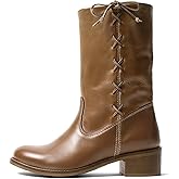 KISSASA Mid Calf Boots for Women Round Toe Flat Boots Vintage Lace Up Bow Low Heel Campus Fall Booties