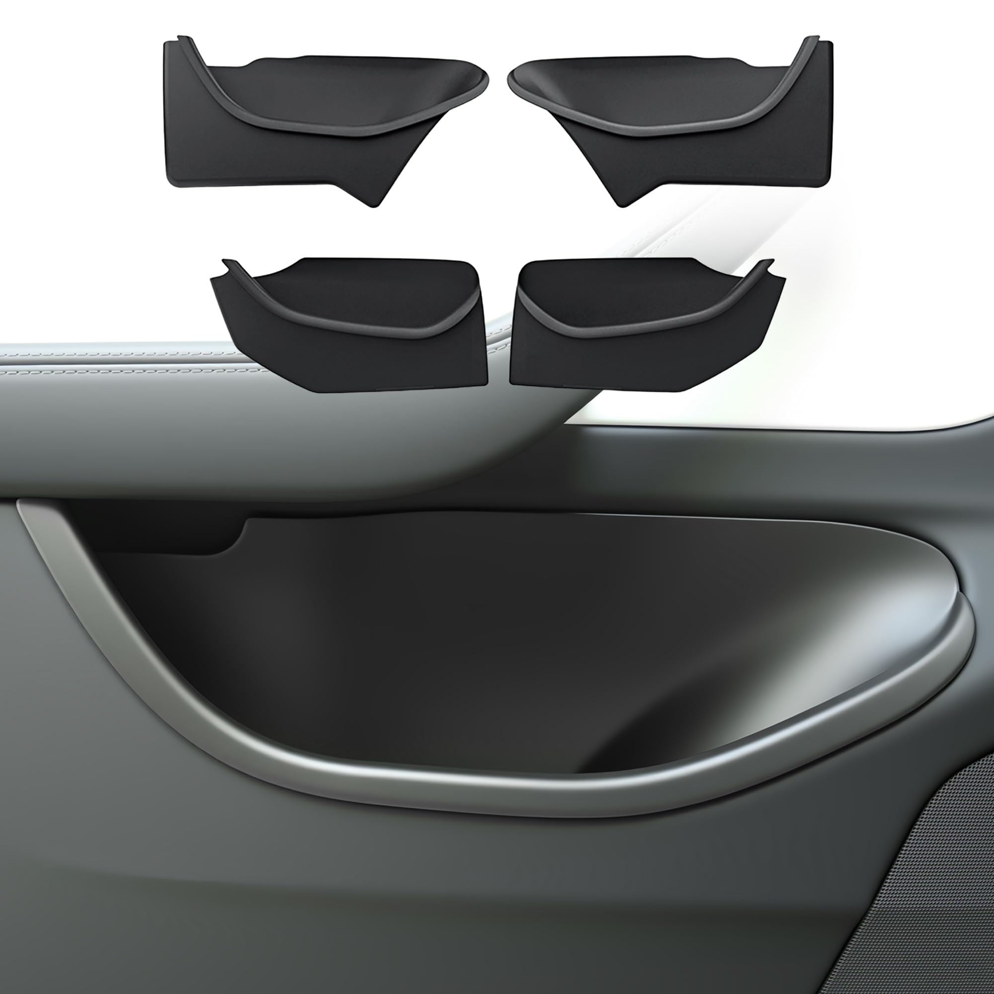 Photo 1 of ***MISSING 2*** marked as a 4pc/only 2pc***. 4pcs Door Pocket Organizer Set for tesla Model Y Juniper 2025 2026 Full-Coverage TPE Tray Liners for Front Rear Door Slots Door Side Storage Box Model Y Juniper Accessories (Not fit 2026 Standard)
