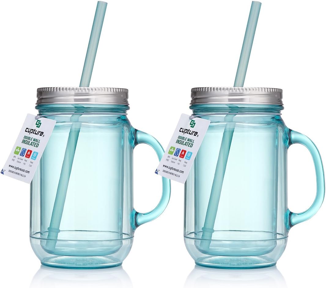 Cupture 2 Vintage Blue Mason Jar Tumbler Mug With Stainless Steel Lid and Straw - 20 oz