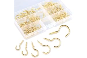 SWPEET 120Pcs 6 Sizes Metal Screw-in Ceiling Hooks Kit, Gold Self-Tapping Cup Hooks for Home/Workplace/Office (Q-Screw)