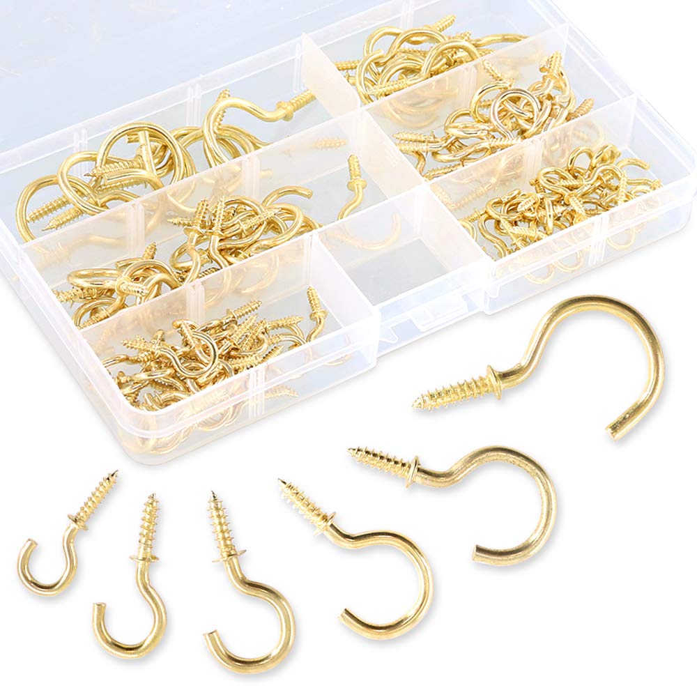 Swpeet 120Pcs 6 Sizes Metal Ceiling Hooks Kit, Gold Ceiling Cup Hooks Self-Tapping Screws for Home/Workplace/Office (Q-Screw)