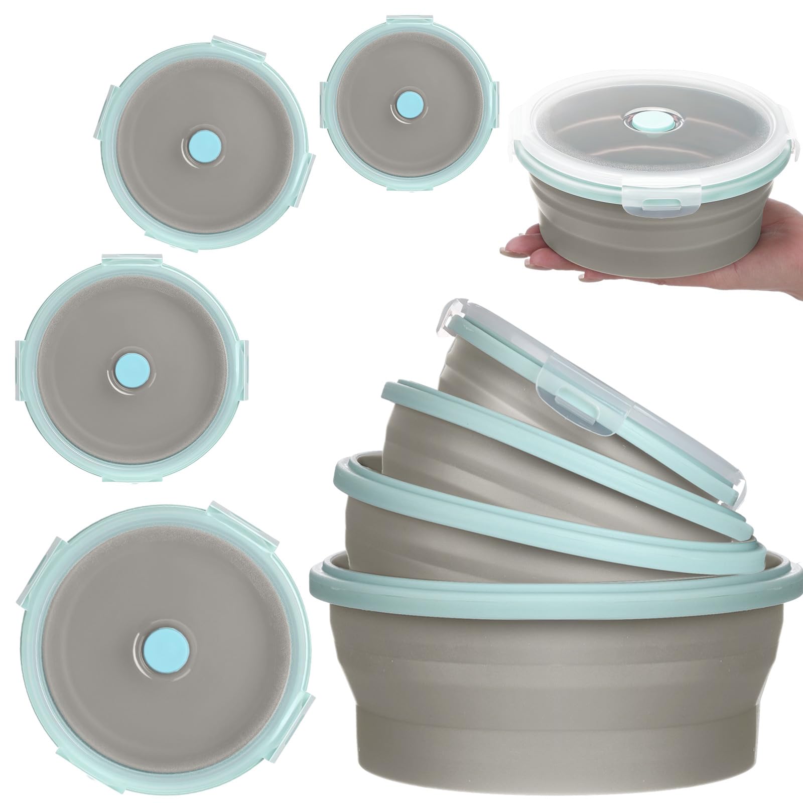 Photo 1 of Suclain 4 Pcs Camping Bowl with Lid Collapsible Silicone Lunch Box Salad Bowl Expandable Food Storage Container Folding Travel Container for Hiking Camping(Blue Rim Gray,12, 17, 27, 41 oz)