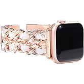 NewWays for Apple Watch Band Series 10 46mm 45mm 44mm 42mm Series3 4 5 6 7 8 9 Ultra 49mm, Jewelry Bracelet for iWatch Band for Women, Rose Gold Link with White Leather