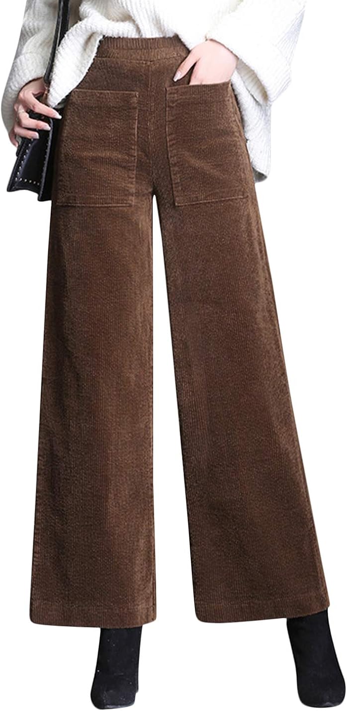 Uaneo Women's Corduroy Elastic Waist Contrast Color Wide Leg Pants at Amazon Womenâs Clothing store