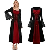 NFAUEIK Renaissance Costume for Women,Medieval Dress with Trumpet Sleeves,Vampire Witch Gothic Dress for Halloween