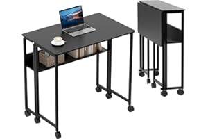 Garvee 24.8″ Folding Desk with Storage Shelf – Mobile Laptop Table on 360° Caster Wheels, Compact Space-Saving Design for Hom