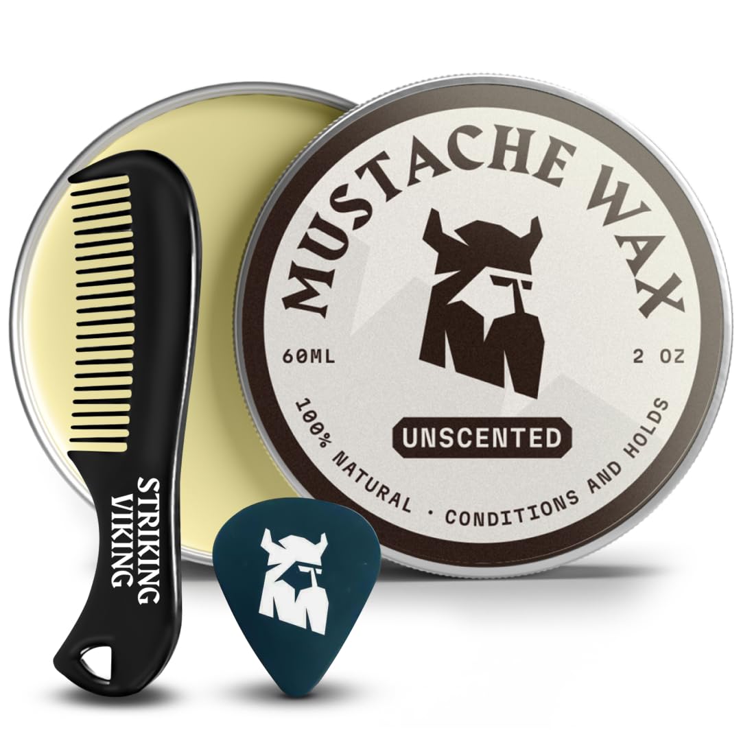 Striking Viking Moustache Wax & Comb Kit - 60g, Unscented - Strong Hold Styling Moustache Kit - Beeswax Non-Greasy Formula - Pocket-Ready Beard Grooming Kit for Men