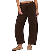 IWOLLENCE Women's Corduroy Barrel Cropped Pants Mid-Rise Elastic Waist Cord Wide Legs Baggy Pant with Pockets