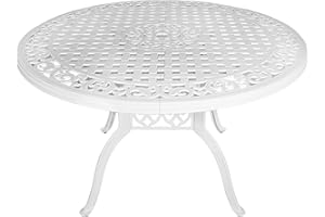 PATIO-IN 48" Round Patio Table for 6-8 Person Cast Aluminum Bistro Table with 2.36" Umbrella Hole,Metal Outdoor Dining Tables,Wrought Iron Patio Bistro Table,White Patio Table.