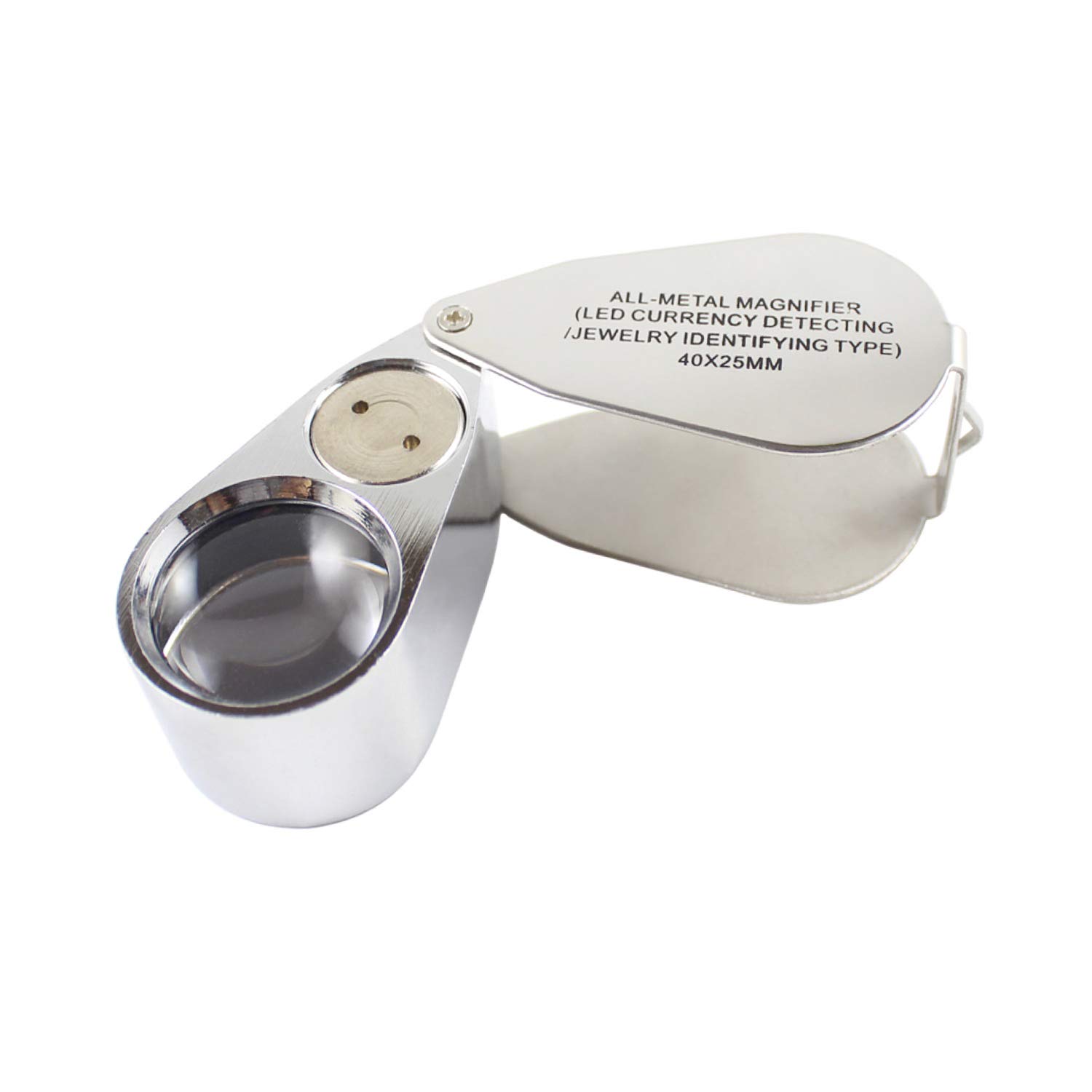 Full Metal Jewellery Magnifier, Jewellers Illuminated Loupe Pocket Foldable 40 x 25mm Glass Antiques Magnifier Eye Lens