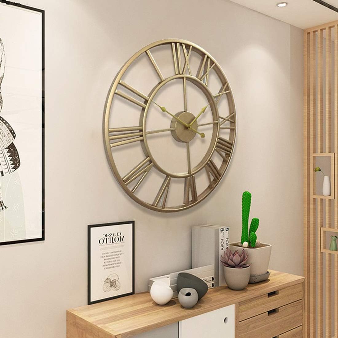 RuiyiF 24 Inch Metal Wall Clock Large Decorative Rustic Farmhouse Oversized, Silent Non-Ticking Battery Operated Kitchen Bedroom Living Room Wall Clock Large Decorative (Gold): Home & Kitchen