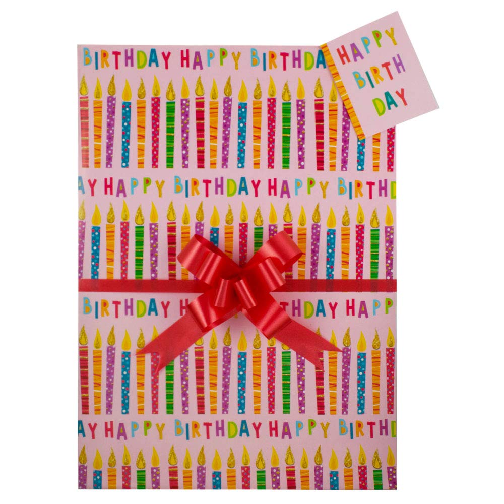 Pink Candles Happy Birthday Gift Wrap Pack, 2 Wrapping Paper Sheets, 2 Matching Tags and 2 Red Pull Bows, Arrives in an A4 Boarded Envelope for Protection,