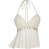 SweatyRocks Women's Boho Lace V Neck Halter Top Tie Backless Shell Y2k Vacation Peplum Tops
