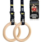 Double Circle Wood Gymnastics Rings with Quick Adjust Numbered Straps and Exercise Videos Guide - Full Body Workout Rings, Ca