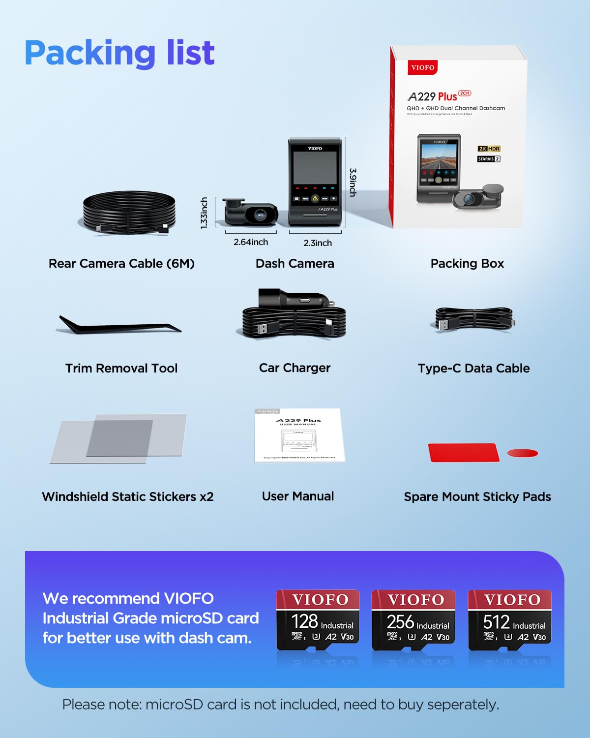 VIOFO A229 Plus Dash Cam Front and Rear, Dual STARVIS 2 Sensors, 2 Channel HDR, 1440P+1440P Voice Control Car Dash Camera, 5GHz Wi-Fi, Support 512GB Max, Voice Control, Ultra-Precise GPS