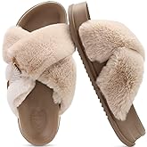 KuaiLu Women's Fuzzy Cross Band Platform Slippers Furry Faux Fur Comfortable Arch Support Open Toe Slides for Indoor Outdoor