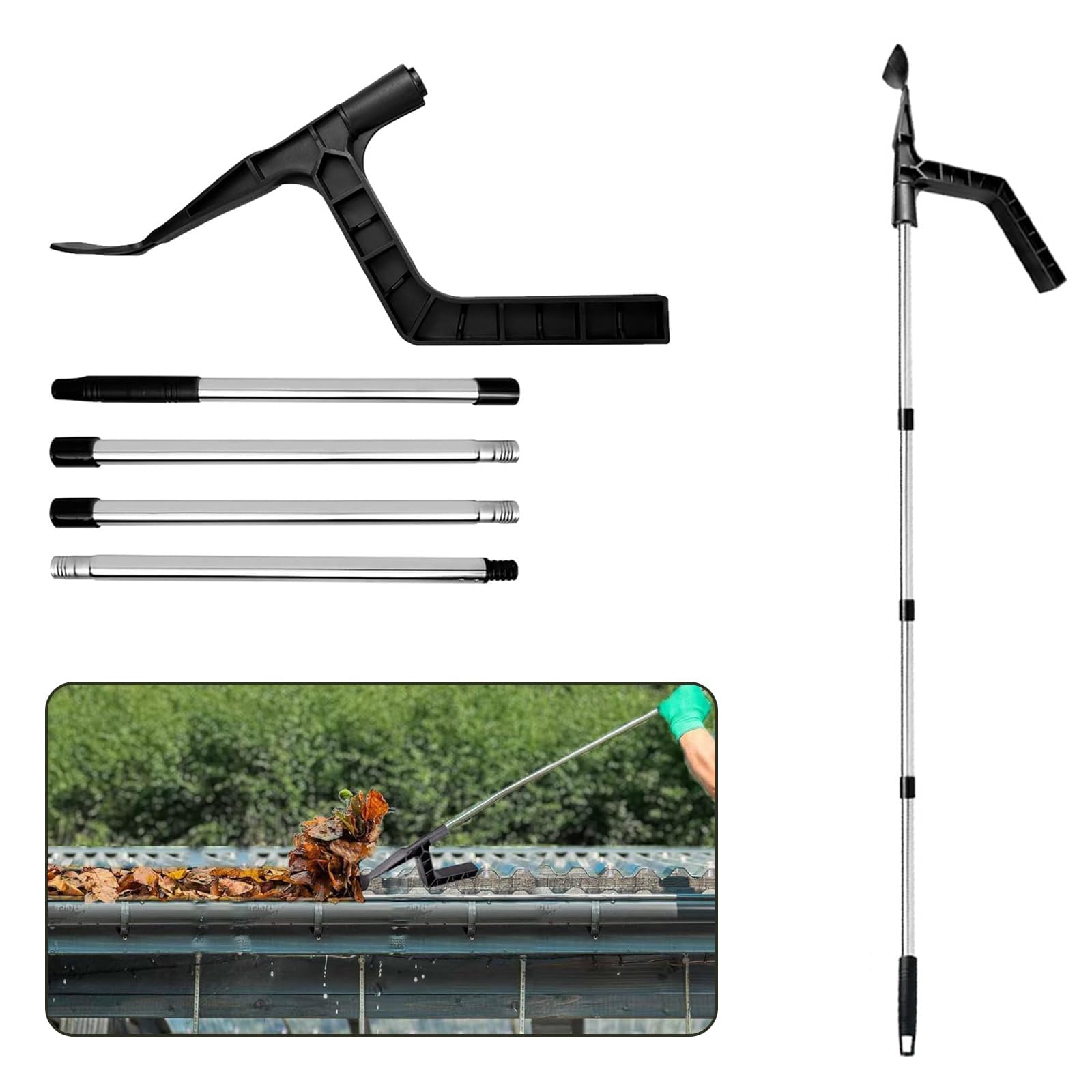 ONEMEAN Gutter Cleaning Tools,1.8m Telescopic Gutter Cleaner Tool, Gutter Cleaning Tools Telescopic Pole with Gutter Brush & Rake Attachments,for Ground-Level Gutter Cleaning,Hard-to-Reach Areas