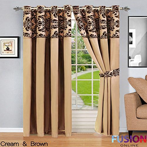 RING TOP FULLY LINED PAIR EYELET READY CURTAINS LUXURY DAMASK CURTAIN RING TOP (66" x 72" (168cm x 183cm), Cream and Brown)