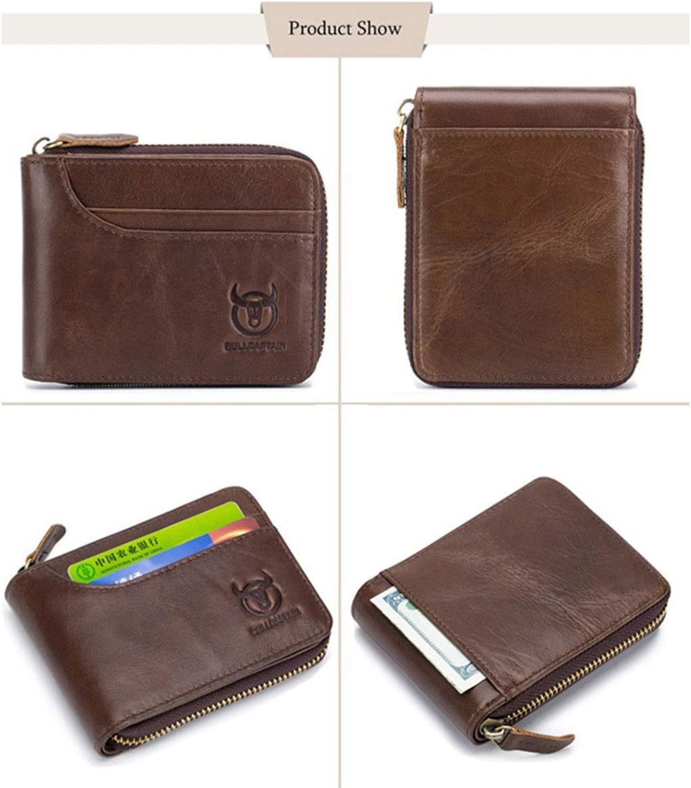 Genuine Leather Men Wallet, RFID Blocking Antimagnetic Credit Card Holder, Zipper Coin Purse Brown, 2t - Image 3