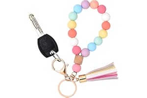 BAOSIWA Silicone Key Ring Bracelet Wristlet Keychain Unique Beaded Bangle Key Chains for Women with Leather Tassel