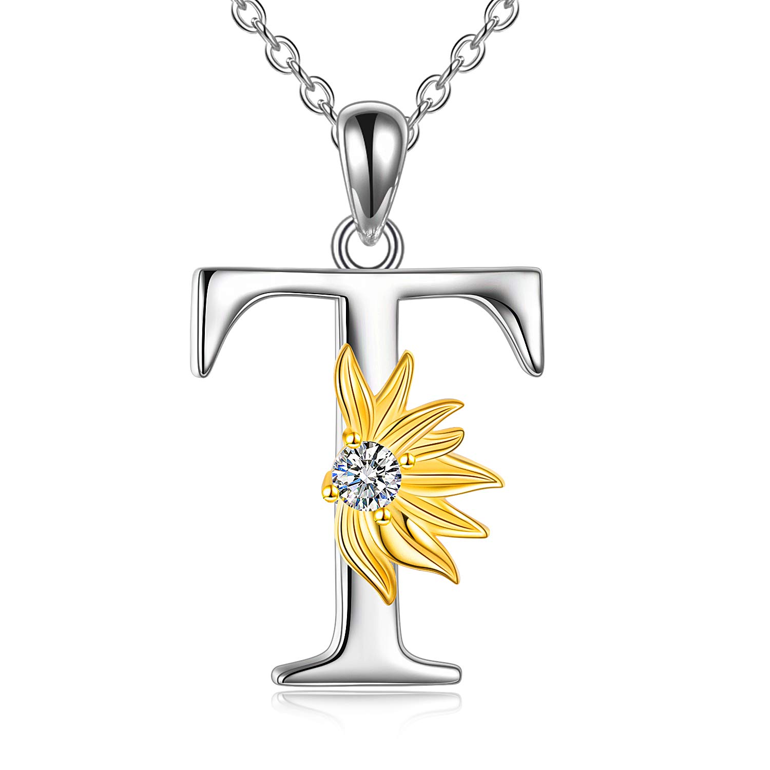 VONALA Sunflower Gifts for Women Sterling Silver Initial Alphabet Letter T Pendant Sunflower Necklace Gifts for Women Girls
