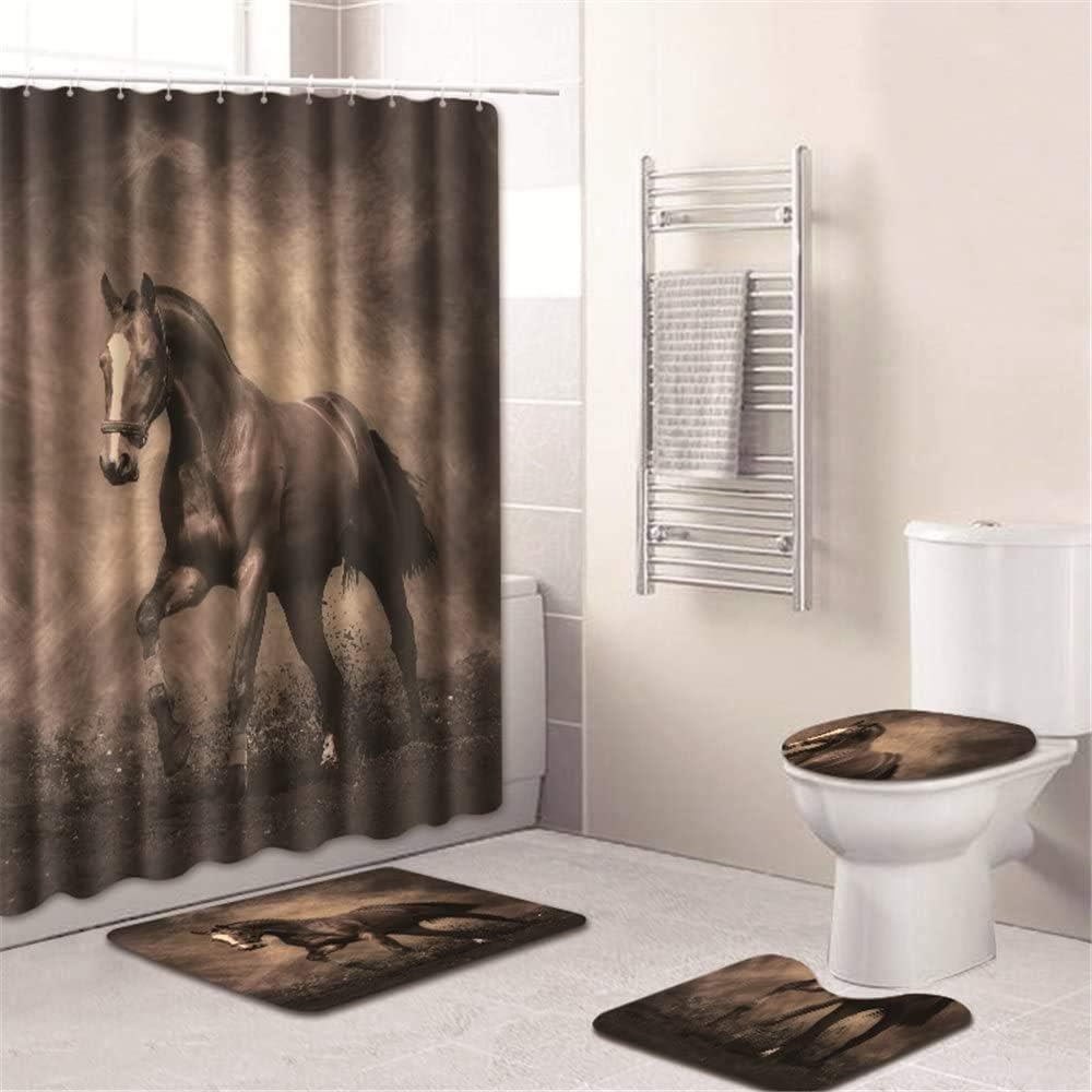 Oyeahbridal Set of 4 Animal 3D Printing Theme Shower Curtain and Bath Mat Set,Black Galloping Horse Decor Waterproof Non-Slip Bathroom Curtain and Rug Set with Hooks(Multi 16)