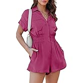 Dokotoo Women's Summer Trooper Utility Cargo Rompers Short Sleeve Button Down Pockets Jumpsuits