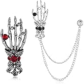 QLYOVWE Halloween Skeleton Hand Brooch Pin for Women Men Vintage Gothic Skull Red Crystal Long Chain Lapel Pin Personality Punk Creative Brooch Scary Halloween Party Jewelry Gifts
