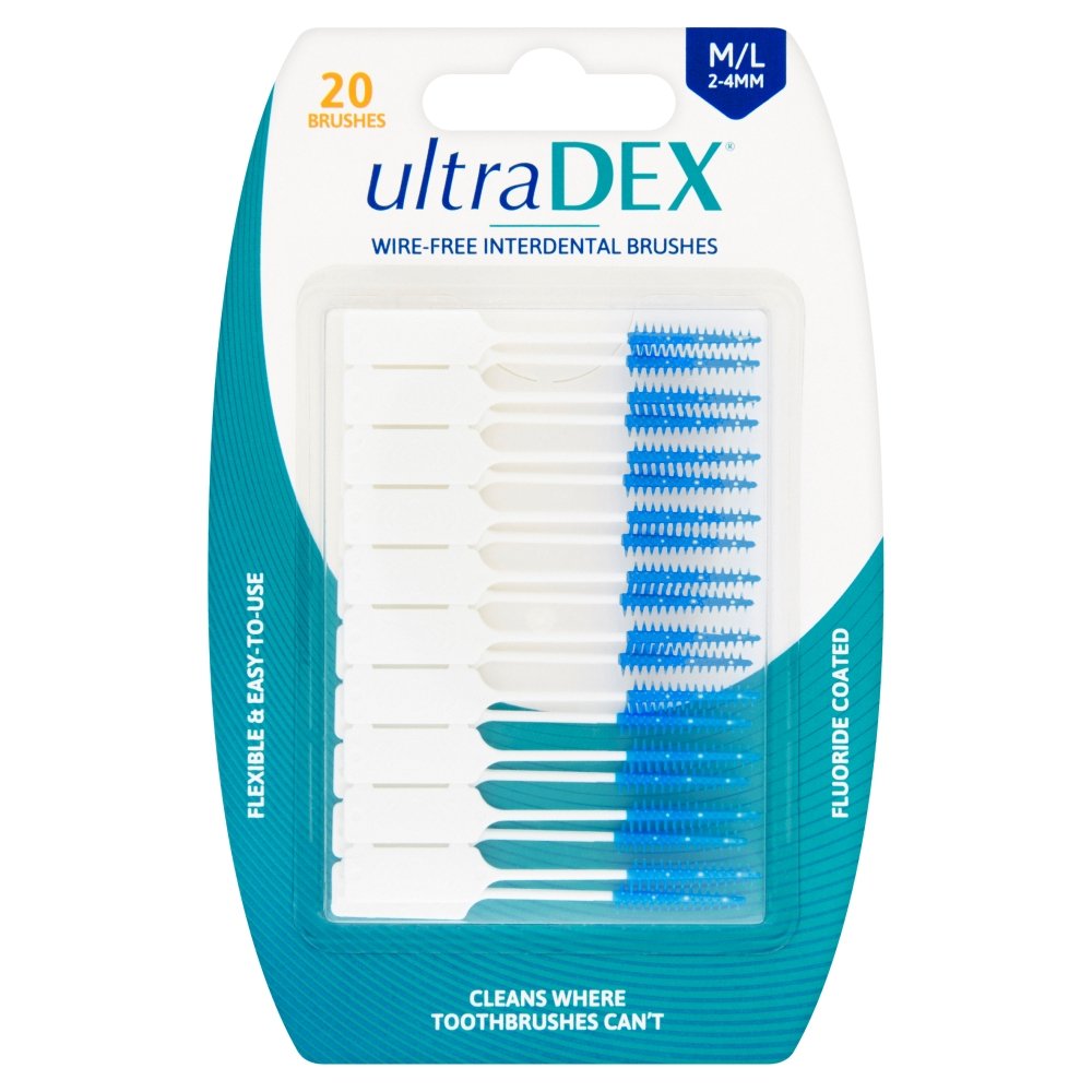 UltraDEX Wire Free Interdental Brush, Wire Free Flexible Floss Aid, Fluoride Coated, Medium/Large 20 Pack White