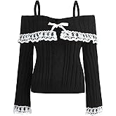 Women Cold Shoulder Sweater Long Sleeve Square Neck Knit Fall Sweater Tops Slim Fit Lace Bow Front Jumper