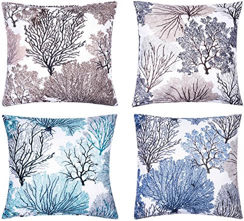 HONEYJOY Cotton Linen Throw Pillow Covers Set of 4 Vintage Trees Painting Pillowslip Sofa Car Home Decorative Square Breathable Soft Durable Cushion Pillowcase for 18" x 18" (Blue, Green, Brown, Grey)