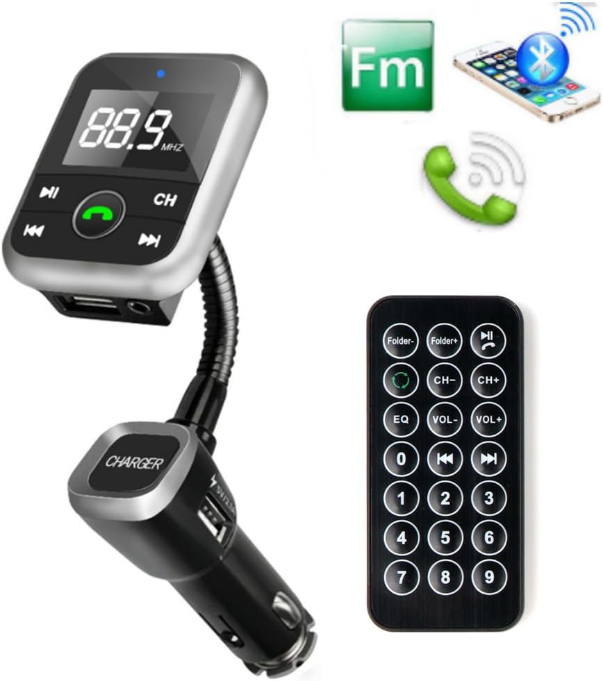 Handsfree Car Kit Car Bluetooth FM Transmitter, Intercom Car Bluetooth Player mp3 player for iPhone/Android with USB Charging port and remote control, USB/SD card (Black)