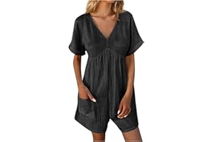 Huneny V Neck Short Sleeve Jumpsuits for Women Women's Pleated Retro Shorts Jumpsuits, Loose Trendy Rompers Casual Overalls